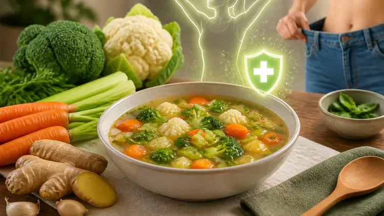 Bol de soupe aux légumes sains entouré d'ingrédients frais illustrant une recette soupe de légumes pour la santé