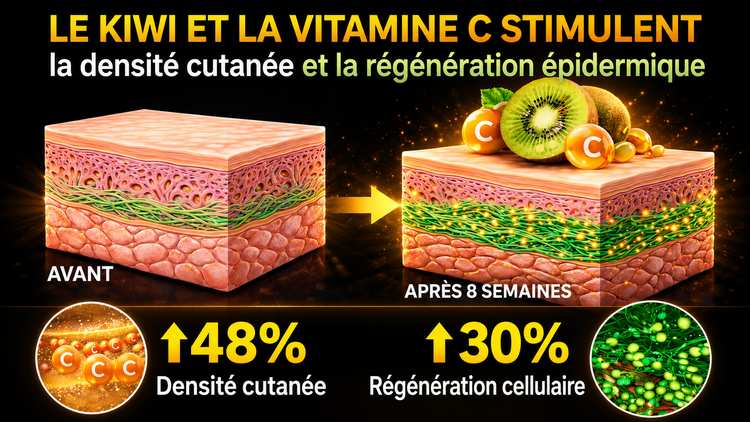 La consommation de kiwis augmente la densité cutanée de 48 % et la régénération épidermique de 30 % grâce à l'augmentation des taux de vitamine C dans la peau