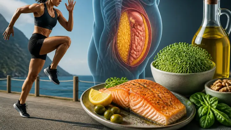 Une femme qui court et des aliments sains pour aider à perdre graisse viscérale efficacement