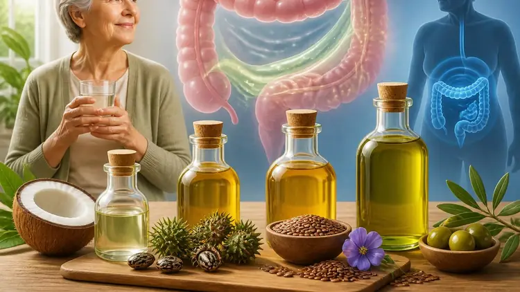 Une femme âgée avec des huiles et graines, illustrant un remède naturel constipation pour la santé digestive