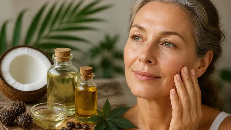 Une femme mature prend soin de sa peau avec de l'huile de ricin rides pour une routine beauté naturelle
